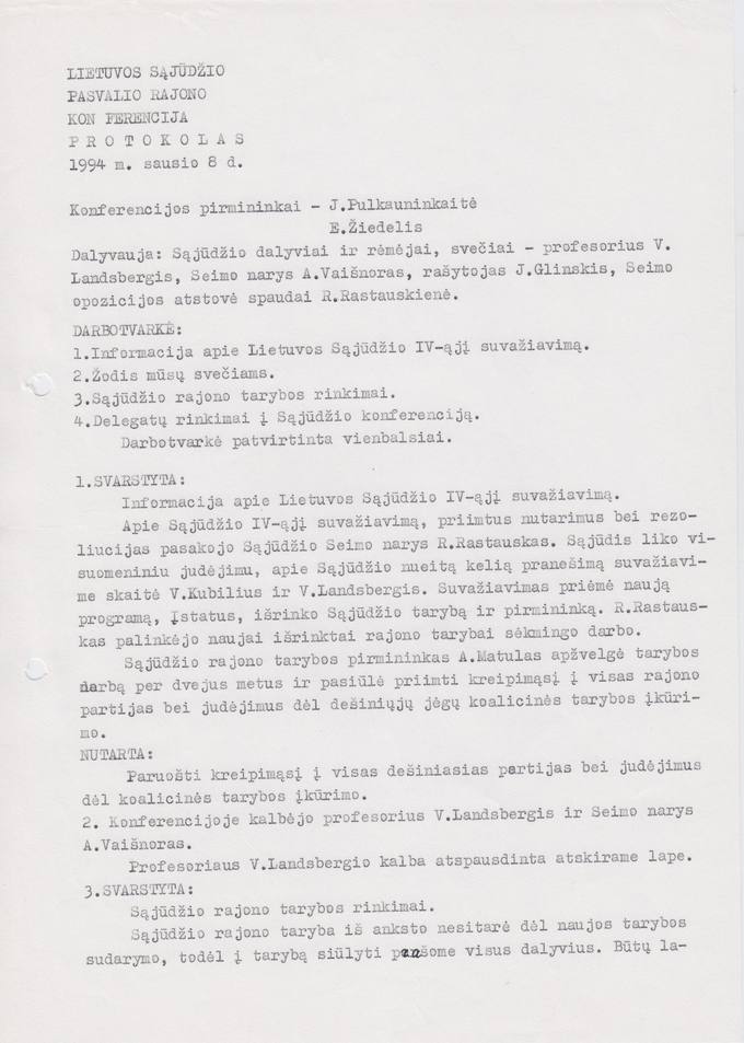 Lietuvos Sajūdžio Pasvalio rajono 1994 m. sausio 8 d. konferencijos PROTOKOLAS